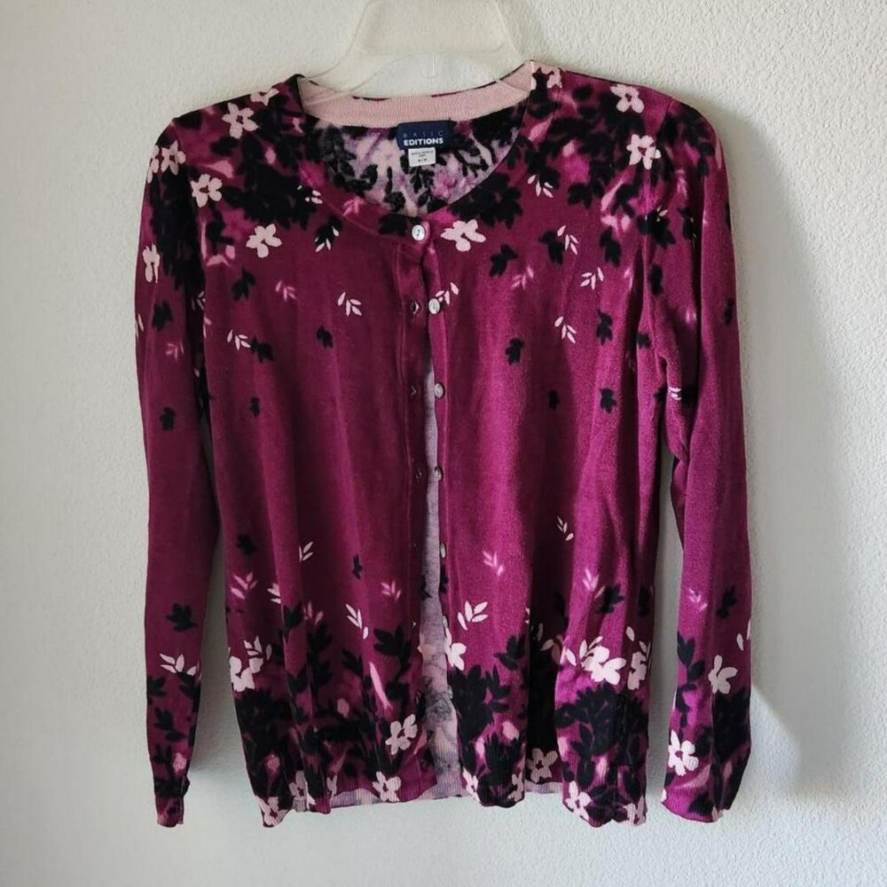 Basic Editions Vintage pink floral cardigan Sz M coquette feminine